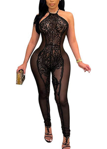 Queens Lace Jumpsuit, Clubwear Sleeveless Romper See Through Sequins Slim Fit Playsuit Party Club Overalls