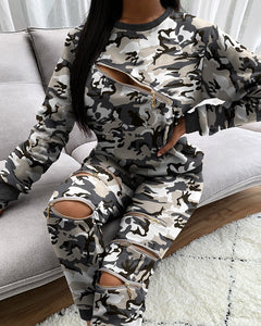 Camouflage Zip Top & Pocket Design Pants Set 