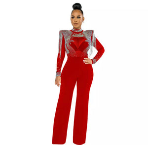 Glam Women Jumpsuit Solid High Collar Hot Drill Mesh Shoulder Cotton Long Sleeves