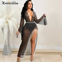 Load image into Gallery viewer, Sexy Black Rhinestone Hem Tassel Sheer Maxi Dress Women Flare Sleeve High Slit Bodycon Party Clubwear Long Dress