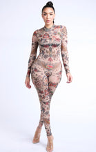 Load image into Gallery viewer, Tattoo Printed Nude Mesh Jumpsuit 2020