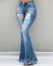 Load image into Gallery viewer, High Waist Bell-Bottom Distressed Tassel Jeans