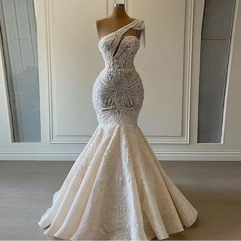 One Shoulder Mermaid Wedding Dresses Beaded Crystal Lace Applique Tassel Bridal Gown for Wedding Party vestidos de novia