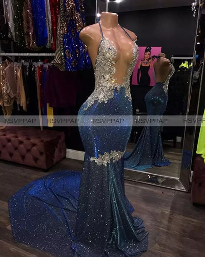 Sparkly Sexy Mermaid Halter Glittery Beaded Lace African dress