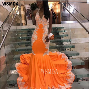 Halter Orange Mermaid Prom Dress with White Lace Open Back Sexy Trumpet Party Gown