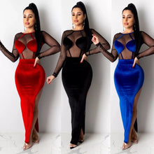 Load image into Gallery viewer, Women 2020 Spring Winter Long Maxi Dress Mesh Patchwork Full Sleeve Velvet Dress Sexy Night Club Party Bandage Bodycon Dresses