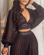 Load image into Gallery viewer, Lantern Sleeve Mesh Crop Top &amp; Pleated Wide Leg Pants Sets