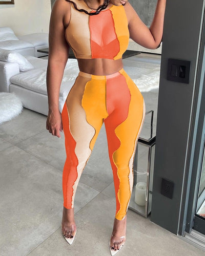 Colorblock Sheer Mesh Crop Top & Pants Set 