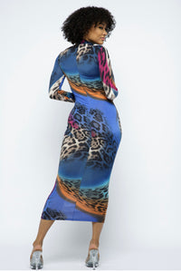 Venechia Print Mock Neck Long SLV Midi Dress Fall Collection 