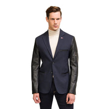 Load image into Gallery viewer, Leather Sleeve Two-Button Blazer