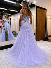 Load image into Gallery viewer, A-Line/Princess Tulle Applique Off-the-Shoulder Sleeveless Sweep/Brush Train Dresses
