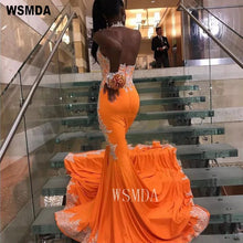 Load image into Gallery viewer, Halter Orange Mermaid Prom Dress with White Lace Open Back Sexy Trumpet Party Gown