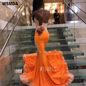 Halter Orange Mermaid Prom Dress with White Lace Open Back Sexy Trumpet Party Gown