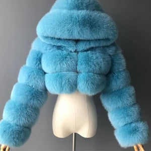 Fashion Hooded Faux Fur Coat Women 2020 Winter Warm Plus Size 8XL Blue Furry Overcoat Elegant Plush Crop Jacket Femme