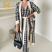 Load image into Gallery viewer, Korean Sweater Set Fashion Vintage Style V-Neck Long Knitted Sweater Coat + Houndstooth Vest Dress Female Two-Piece Suit
