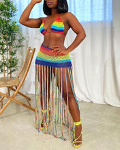 Load image into Gallery viewer, Rainbow Colorblock Halter Hollow Out Tassel Design Beach Cover Set