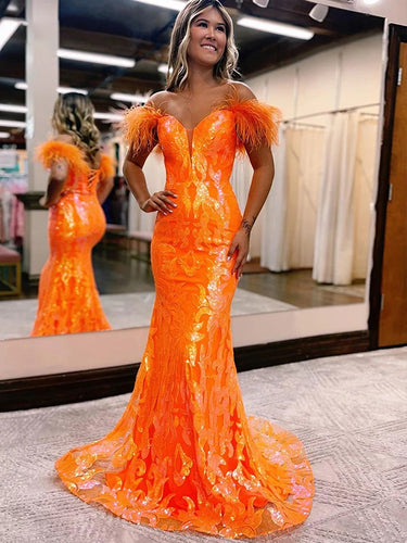 Trumpet/Mermaid Sequins Feathers/Fur Off-the-Shoulder Sleeveless Sweep/Brush Train Dresses