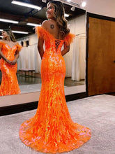 Load image into Gallery viewer, Trumpet/Mermaid Sequins Feathers/Fur Off-the-Shoulder Sleeveless Sweep/Brush Train Dresses
