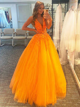 Load image into Gallery viewer, Ball Gown Tulle Applique V-neck Sleeveless Sweep/Brush Train Dresses