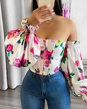 Load image into Gallery viewer, Off Shoulder Lantern Sleeve Floral Print Top